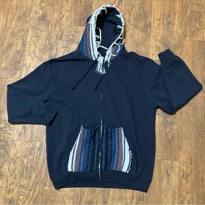 Unisex hooded zip up jacket drink holder pockets repurposed blanket navy 2xlg